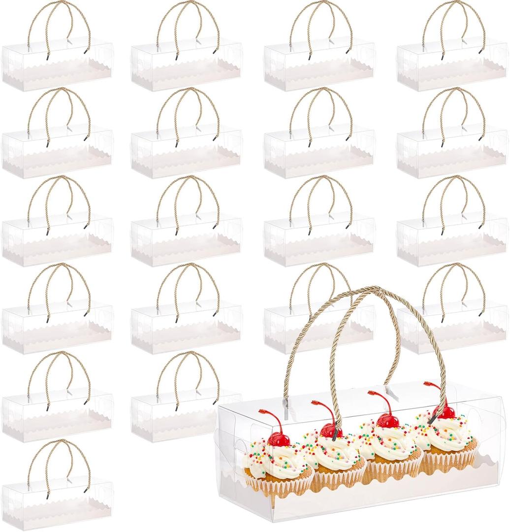 Okllen 20 Pack Clear Roll Cake Boxes with Portable Handles, 10.8" Lx4.3 Wx3.8 H Rectangle Bakery Cake Boxes, Pumpkin Swiss Roll Containers for Birthday Wedding