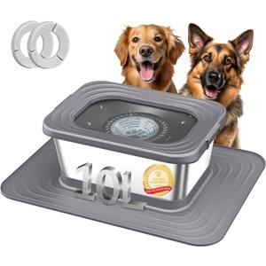 Decflow 10L Stainless Steel Dog Water Bowl, No Spill Anti-Splash Dog Bowls with XXL Silicone Mat, Spill-Proof Slow Feeder for Messy Drinkers, Heavy Duty Pet Bowls for Indoor/Outdoor Use Grey