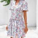 BTFBM Women Spring Dresses 2026 Short Sleeve V Neck Tiered Ruffle Boho Swing Dress A-Line Floral Mini Dresses (White, M)