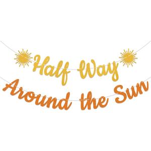 Half Way Around the Sun Banner, Sun Half Birthday Party Decorations, 6 Months Baby Birthday Banner, 1/2 Way to One, Sunset 1/2 Bday Supplies Orange Gold Glitter