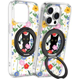 Loheckle for iPhone 15 Pro Case with Stand- Compatible with MagSafe Women Girls Cute Clear Girly Aesthetic Unique Design Soft TPU Magnetic Ring Phone Cover for Apple 15 Pro, Cat Flower