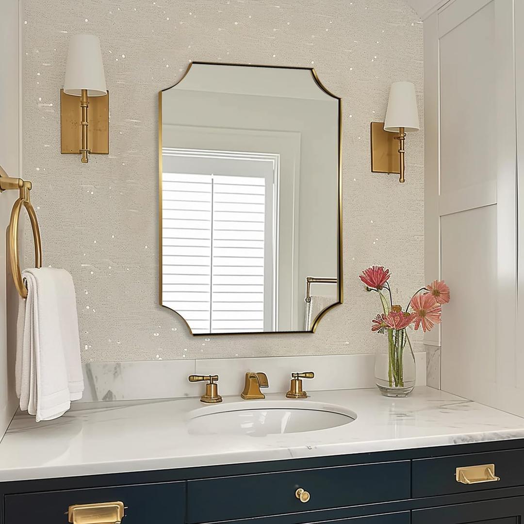 ANDY STAR Brushed Gold Bathroom Mirror, 22x30 Inch Scalloped Rectangle Mirror, Gold Bathroom Vanity Mirror, Antique Brass Mirror in Anti-Rust Stainless Steel Metal Frame for Bathroom, Entryway