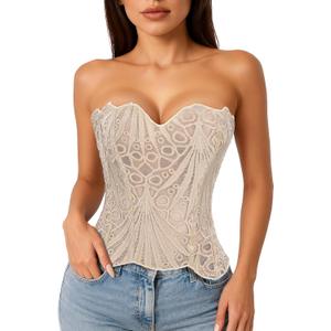 LEACOOLKEY Lacework Corset Top for Women Sexy Textured Sheer Floral Lace Bustier Going Out Lace-up Corset Overbust Top (Small)