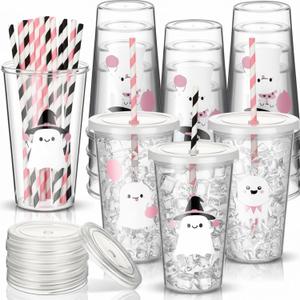 12 Pcs Halloween Plastic Ghost Cups with Straw and Lid Cute Pink White Ghost Cups for Drinks Halloween Decoration Party Favors