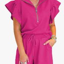 SELINK Two Piece Sets for Women Summer Outfits Ruffle Cap Sleeve Zip Top Wide Leg Pants Lounge Set Tracksuits Rose large