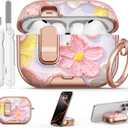 for AirPod Pro 3 Case 2025, with Safty Lock & Phone Stand for Pink AirPod Pro 3 Generation Case Cover for Women Girly, iPod Pro 3 Cases with Keychain & Cleaner Kit - Oil Painting Flower