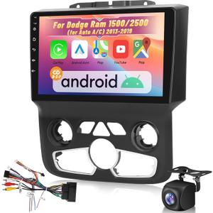 EKAT [2+64G] Android Car Stereo for Dodge Ram 1500/2500 (for Auto A/C) 2013-2019 - 9 Inch Touch Screen Radio with Wireless Carplay, Android Auto, EQ, WiFi, GPS, SWC + AHD Backup Camera