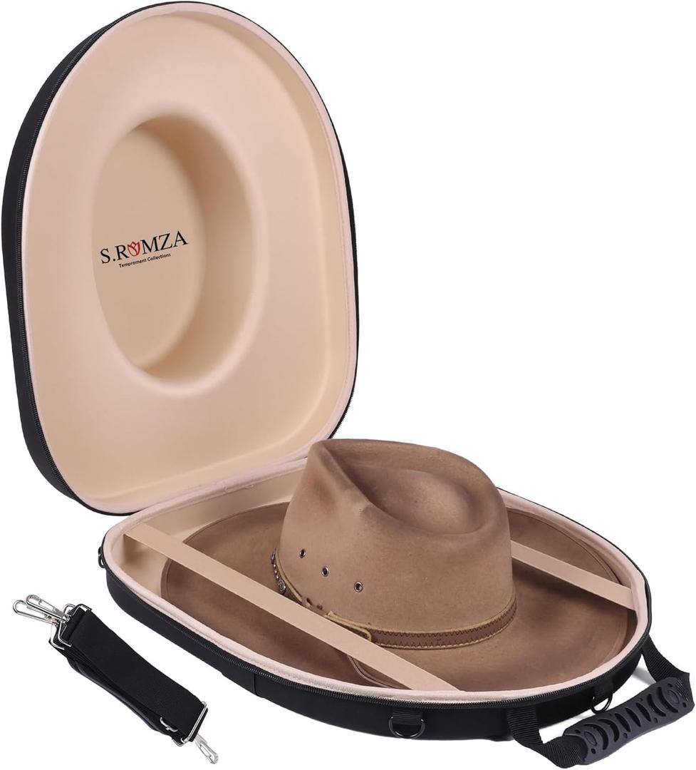 S.ROMZA Cowboy Hats Box for Travel Case Crush Proof Hard Top Hat Storage Case with Handle,Adjustable Shoulder Strap & Luggage Strap (khaki)