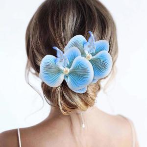 2pcs Flower Hair Clips Boho Orchid Hair Clips Artificial Phalaenopsis Hair Barrettes Bridal Hawaiian Beach Party Hair Accessories for Women (Blue)
