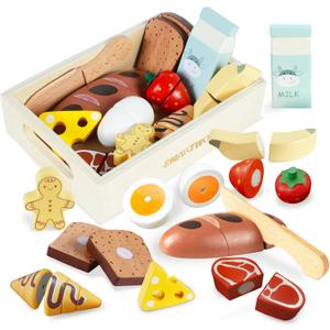 Wooden Play Food Sets for Kids Kitchen, Breakfast Food Toys for Toddlers 3+ Year Old, Pretend Food Play Cutting Bakery Accessories, Montessori Educational Toys, Gift for Boys Girls