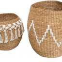 Set of 2 Baskets Large Handwoven Storage Basket with Decorative Pattern | Seagrass Bin for Laundry, Blankets, or Towels | Woven Organizer for Living Room, Bedroom (Seagrass)