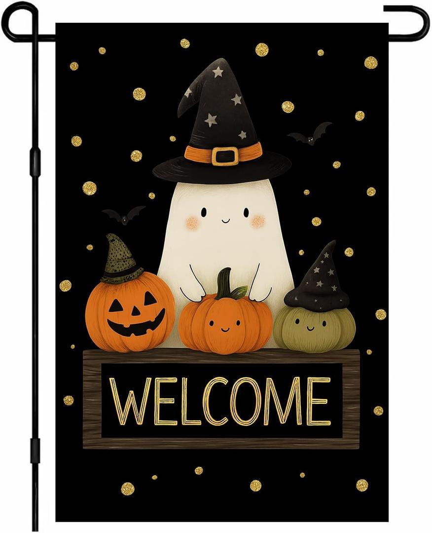 Halloween Garden Flag With Cute Friendly Ghost And Three Pumpkins Outdoor Yard Decor 12x18 Inch Double Sided Seasonal Fall Flags For Front Porch Lawn Decor Welcome Spooky Holiday Decoration