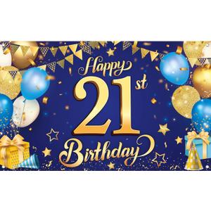 KatchOn, Blue and Gold Happy 21st Birthday Banner - XtraLarge, 72x44 Inch | Blue and Gold Backcrop Banner for 21st Happy Birthday Decorations | 21 Party Decorations for Girl