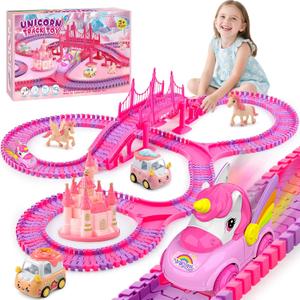 Aetyni Unicorn Toys Car Track for Kids Girls 4-6: 232 PCS Unicorn Monster Truck Race Track with 2 Pull Back Cars Toys for 3 4 5 6 7 Year Old Girl Toddler Christmas Birthday Gifts for Girl 3-5 6-8