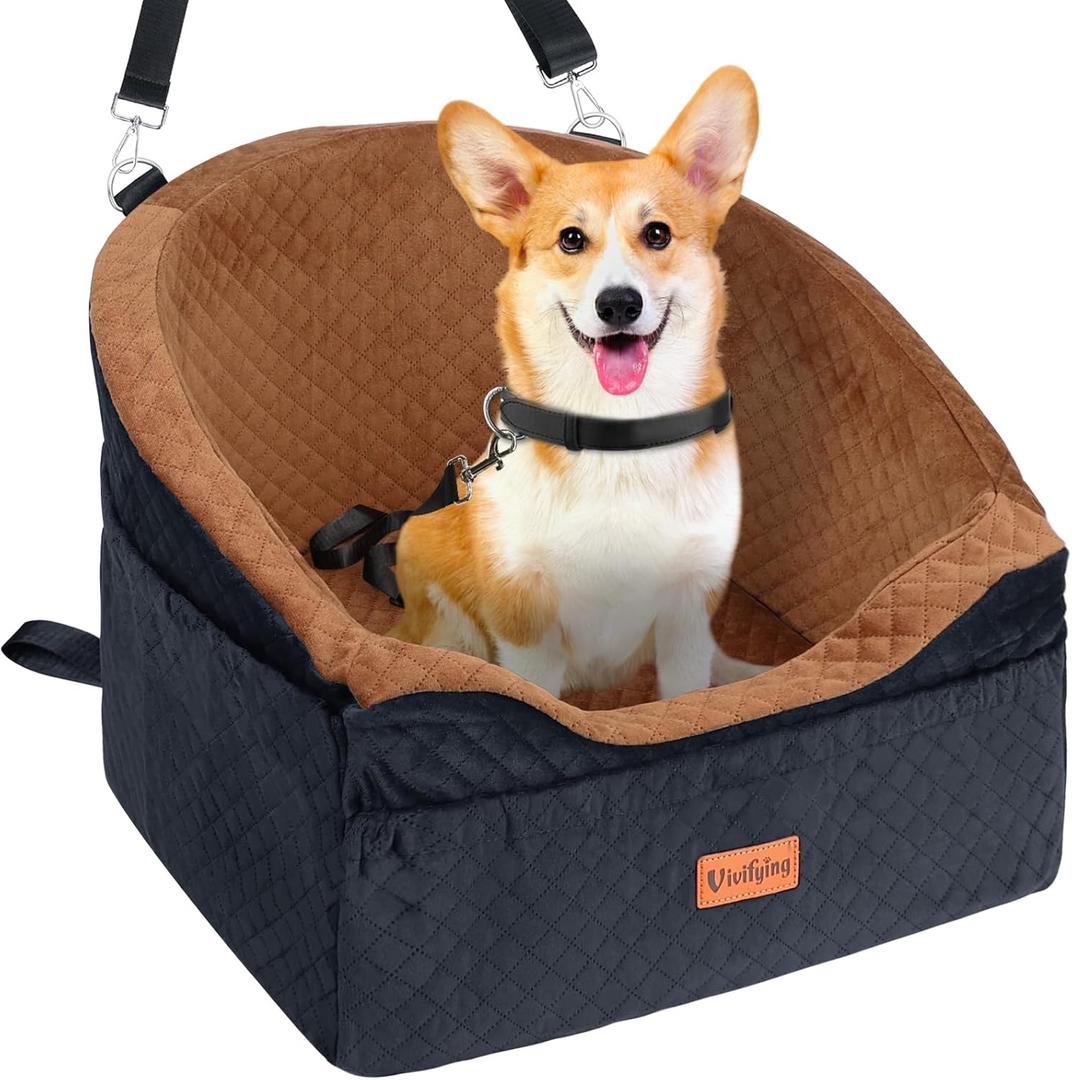 Vivifying Dog Car Seat for Small & Medium Dogs, Detachable & Washable Booster Seat for Pets Up to 30lbs, Travel Bed with Storage Pockets and Safety Belt Brown&Black
