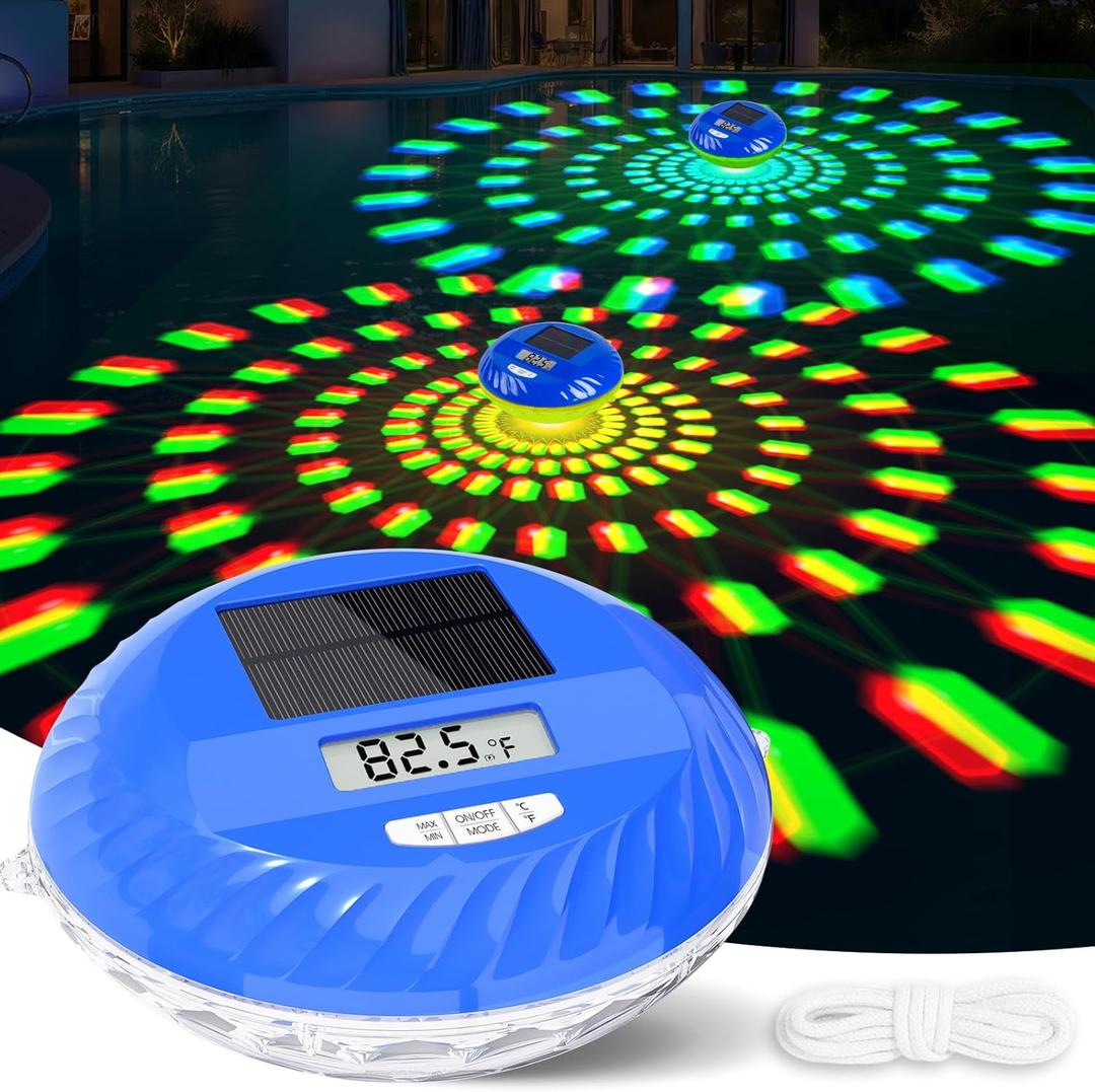 2026 Solar Pool Lights with Digital Pool Thermometer,Color Changing Floating Pool Lights that Float IP68 Waterproof,Hangable Solar Powered Floating Light for Pool Lighting Party Decor-1 PC