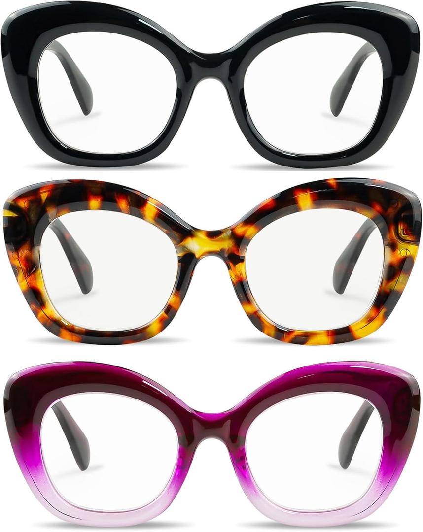 Reading Glasses for Women 3 Pack Oprah Stylish Cat Eye Oversize Readers Blue Light Blocking with Spring Hinge
