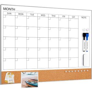 ARCOBIS Dry Erase Calendar with Cork Board for Wall, 24"x 18" Magnetic Calendar Whiteboard with Silver Frame, Monthly Combination Board for School, Home, Office