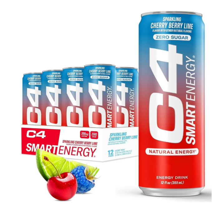 C4 Smart Energy Drink, Cherry Berry Lime Flavor, Zero Sugar, Carbonated, 12 oz can (12 pack), BBD 06/2026