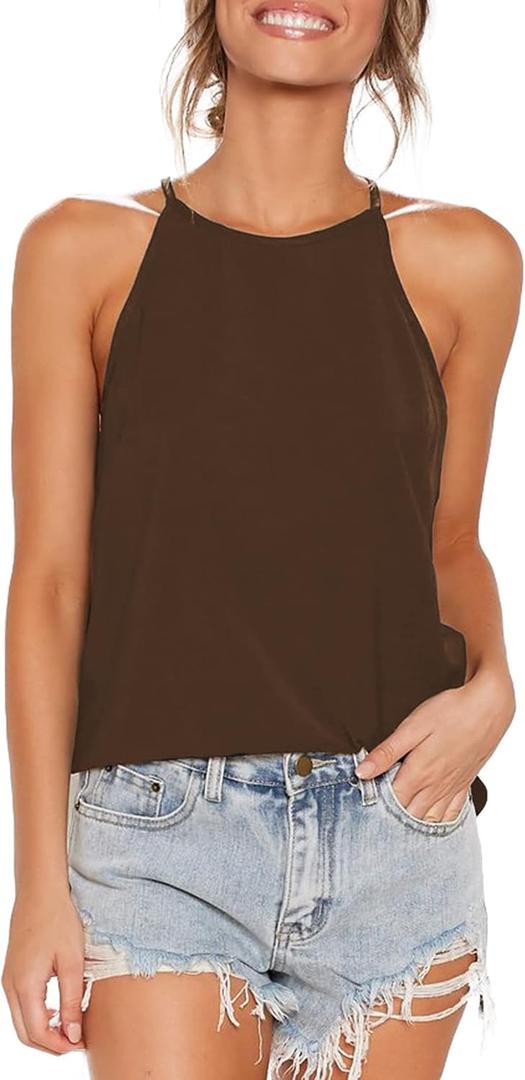 LouKeith Womens Tank Top Racerback Halter Tops Sleeveless Shirts Spaghetti Strap Camisole Casual Summer Basic Blouses (Brown), M