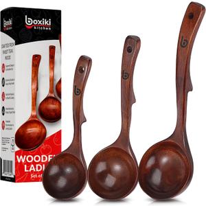 Soup Ladle - Luxury Teak Wood Ladle Set of 3 Chef-Grade, Eco-Friendly Wooden Cooking Utensils with Reinforced Neck Joint & Anti-Slip Notch Handle Multi-Size, Gift-Ready Ladle Spoons Set