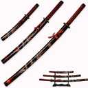 3pc Set Japanese Samurai Sword with Display Stand, Iaido Katana Carbon Steel Blade Real Sword for Display Decoration and Gift (A-Dark Red)