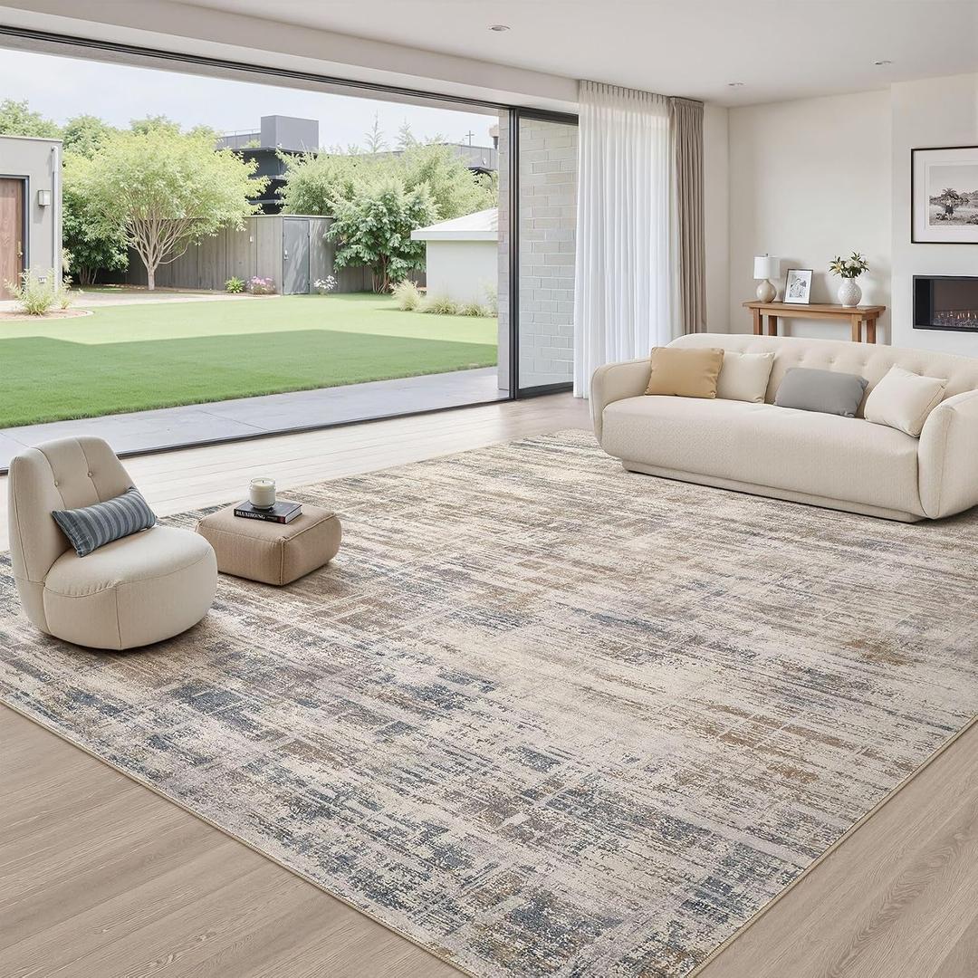 UERMEI 12x15 Area Rug for Living Room: Extra Large Neutral Abstract Carpet Modern Soft Low Pile Non-Slip Stain Resistant Washable for Open Floor Plan Bedroom Dining Office Indoor Decor Brown