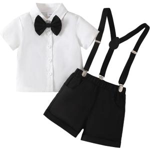 Baby Boys Formal Suit Set Short Sleeve with Bowtie Suspender Shorts Pants Outfits Clothes 0-24Months (Black)