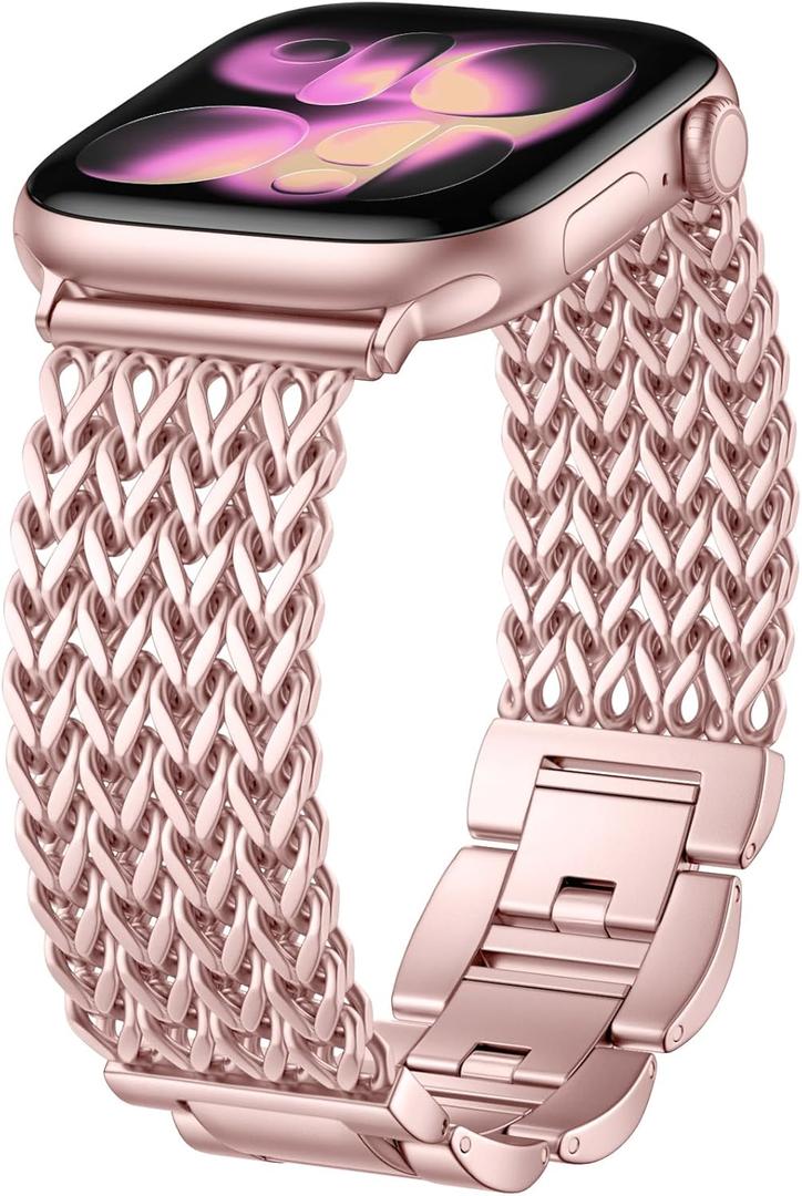 Metal Band Compatible with Apple Watch Bands for Women 40mm 41mm 42mm 38mm 44mm 45mm 46mm 49mm, Dressy Stainless Steel Link Bracelet, Designer Strap for iWatch Series 11/SE/10/9/8/7/6/5/4/3/2/1/Ultra (Pink)
