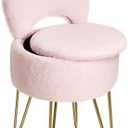 GREENSTELL Small Vanity Stool Chair with Storage and Folding Back, 13" x 13" x 17.7" Faux Fur Soft Ottoman for Teenager, 4 Metal Legs with Anti-Slip Feet, Furry Padded Seat for Makeup, Bedroom, Pink