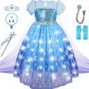Light Up Girls Halloween Costume Snow Princess Dress Ice Christmas Costumes Toddler Kids Costume with Accessories (5-6yrs, Blue)