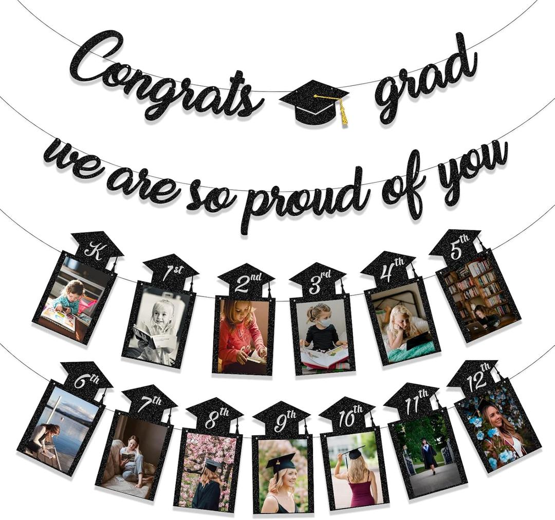 Tinbax Graduation Decorations Class of 2026 Party Supplies - Congrats Grad, We are So Proud of You Banner and K-12th Grade Graduation Photo Banner (Pre-Strung)