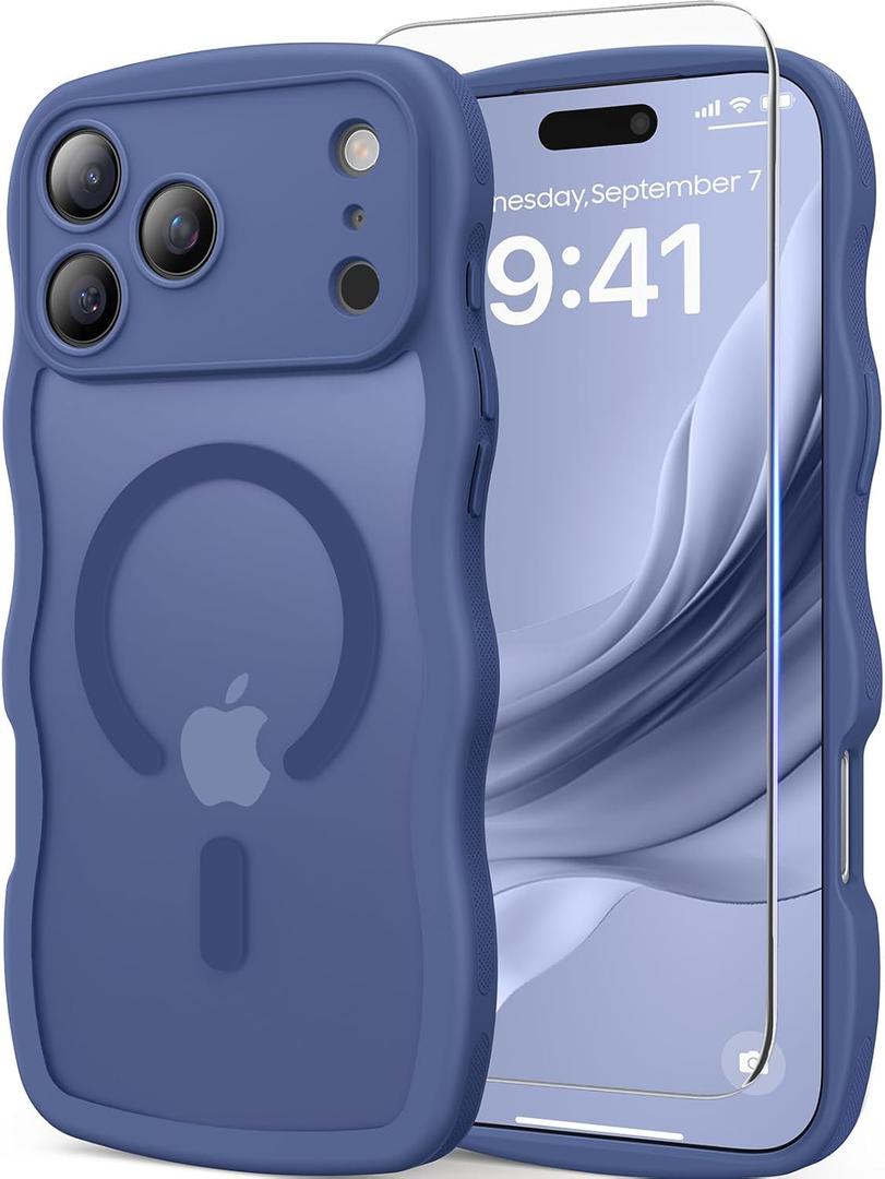 DOMAVER for iPhone 17 Pro Max Case for Women, 1X Screen Protector+1X Wrist Strap, [Compatible with MagSafe] [Full Camera Protection] Cute Wave Matte Phone Case for iPhone 17 Pro Max, Deep Blue