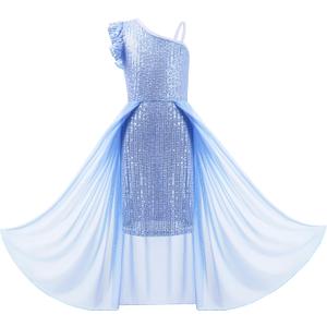 LQSZ Girls Sequin Dress Ruffled Sleeve Toddler Tulle Sparkly Formal Pageant Prom Party Dresses 3-14 Years (9-10 Years, Blue)