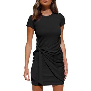LILLUSORY Womens Casual Short Sleeve Spring Vacation T Shirt Dress 2026 Summer Bodycon Wrap Ruched Mini Sundress (Large, Black)