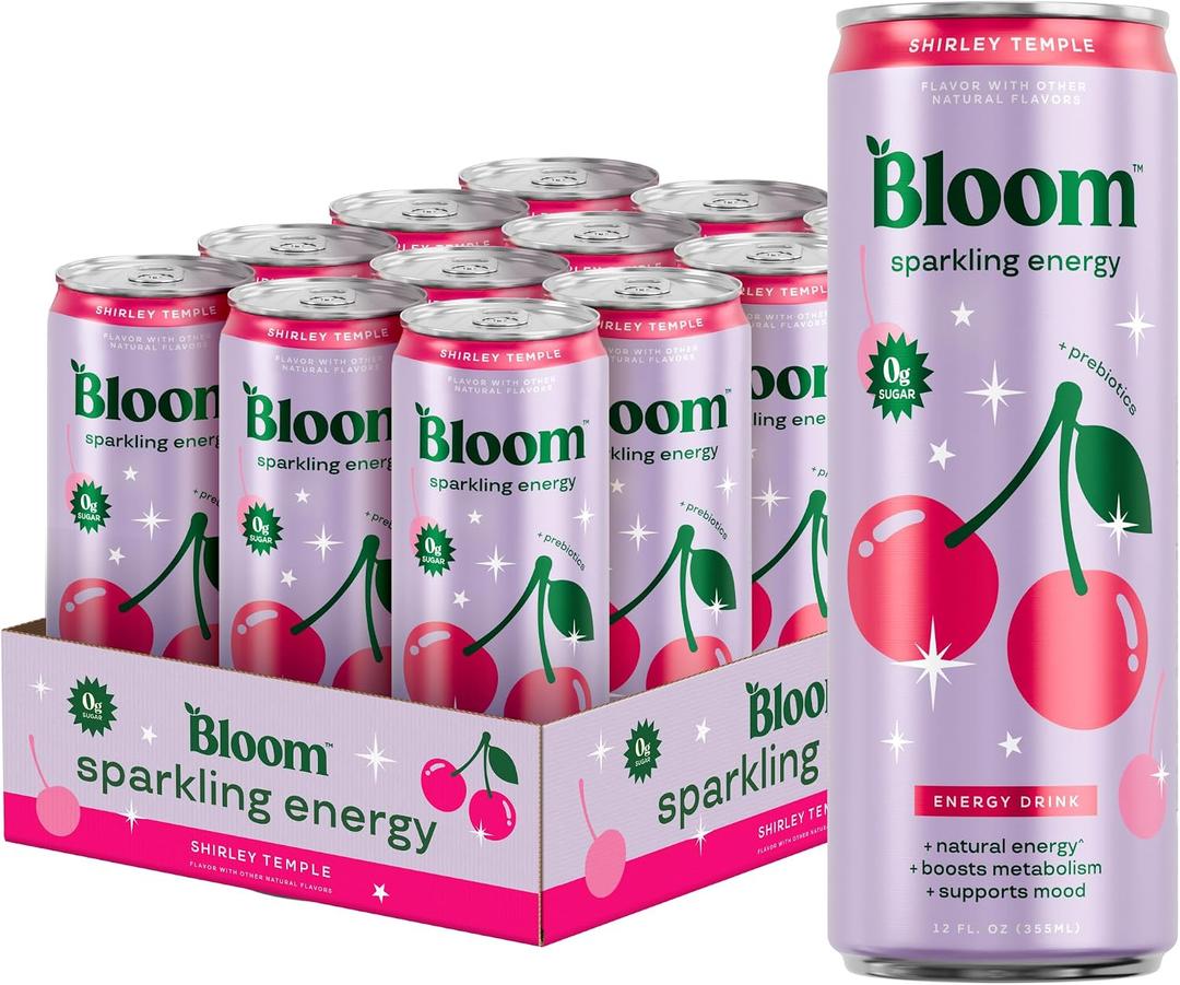 Bloom Nutrition Sparkling Energy Drink - Natural Caffeine, Zero Sugar, 180mg Caffeine - Antioxidant-Rich with Green Coffee Bean, Green Tea Extract, Prebiotics - Shirley Temple- 12oz 12 Pack (EXP 08/01/27)