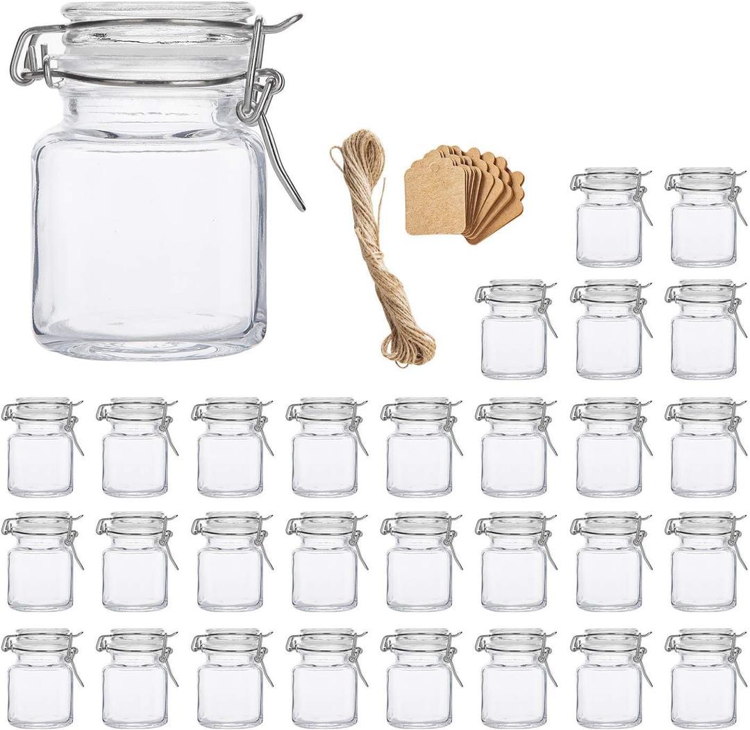 Spice Jars, Flrolove 30 Pack 3.5oz Square Glass Jars with Leak Proof Rubber Gasket & Hinged Lid,Small Glass Containers with Airtight Lids for Home, Party Favors