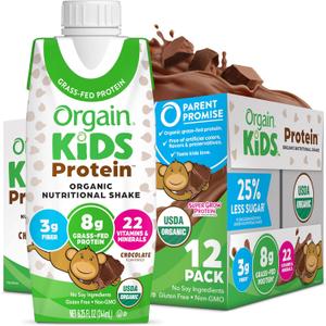 Orgain Organic Kids Nutritional Protein Shake, Chocolate, Healthy Kids Snacks, 8g Dairy Protein, 3g Fiber, 22 Vitamins & Minerals, No Soy Ingredients, Gluten Free, Non-GMO, 8.25 Fl Oz (Pack of 12)