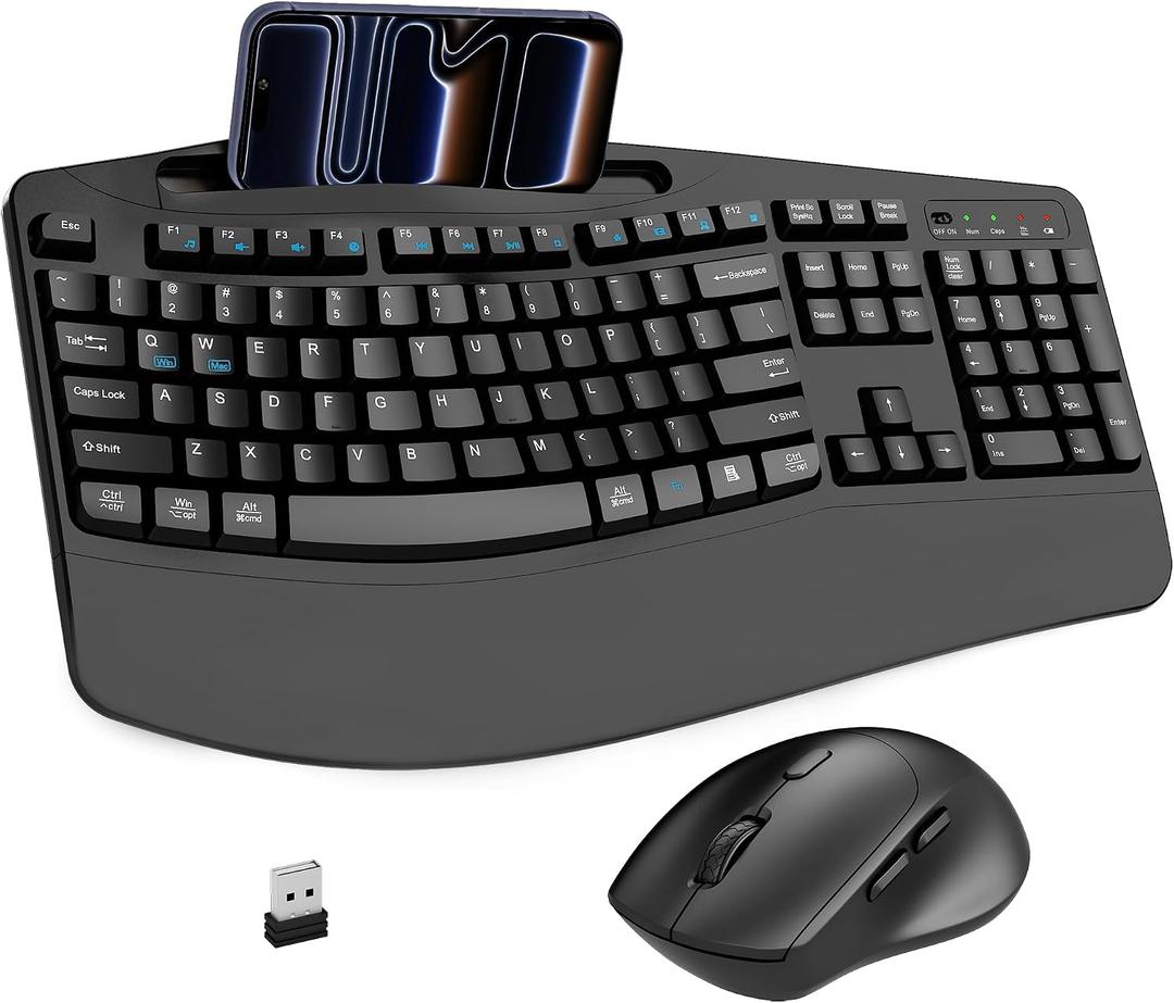Wireless Keyboard and Mouse Combo, 2.4G Full Size Wave Keys Ergonomic Keyboard with Wrist Rest, Phone Holder, 3-Level DPI Wireless Silent Mouse with 6-Buttons, for Windows, Mac OS, Laptop, PC (Black)