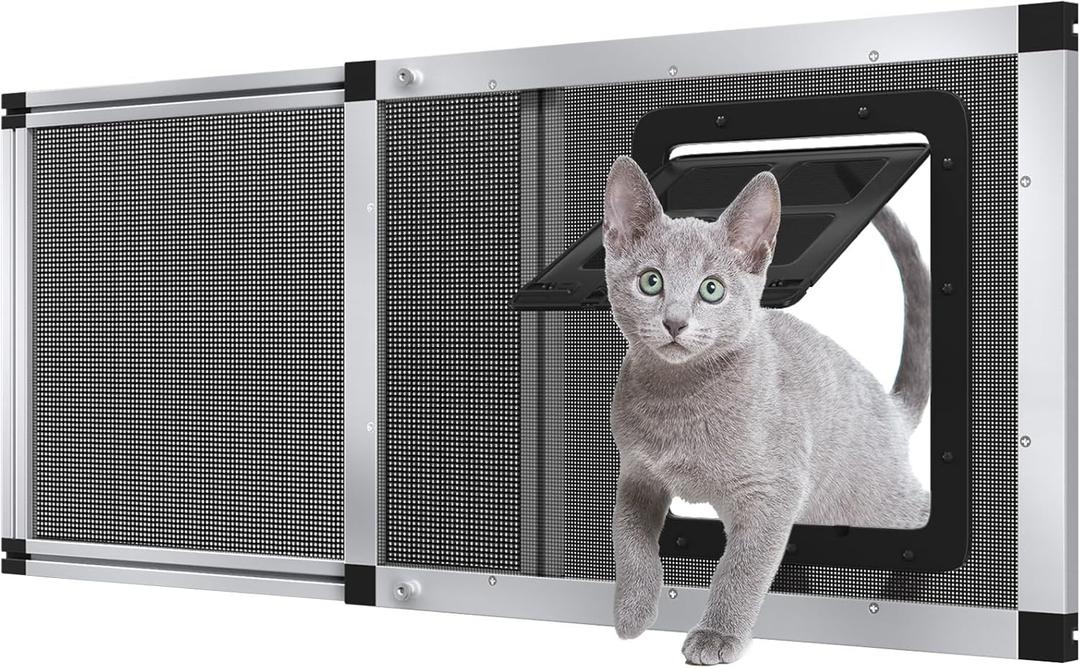 Adjustable Ventilated Pet Door for Window 31.7"-39.3" Wide, Silver Aluminum Frame + Stainless Steel Mesh | Breathable Bug-Proof | 4-Way Lock Magnetic Closure Cat Window Door,Cat Door for Window Insert
