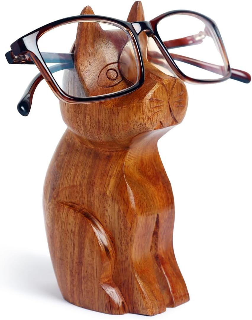 Christmas Gifts Hand Carved Solid Wood Cat Shaped Eyeglass Spectacle Holder, Display Stand for Optical or Sun Glasses Accessories, Wooden Eyeglass Holder Stand for Desk, Office, Bedside Tabletop