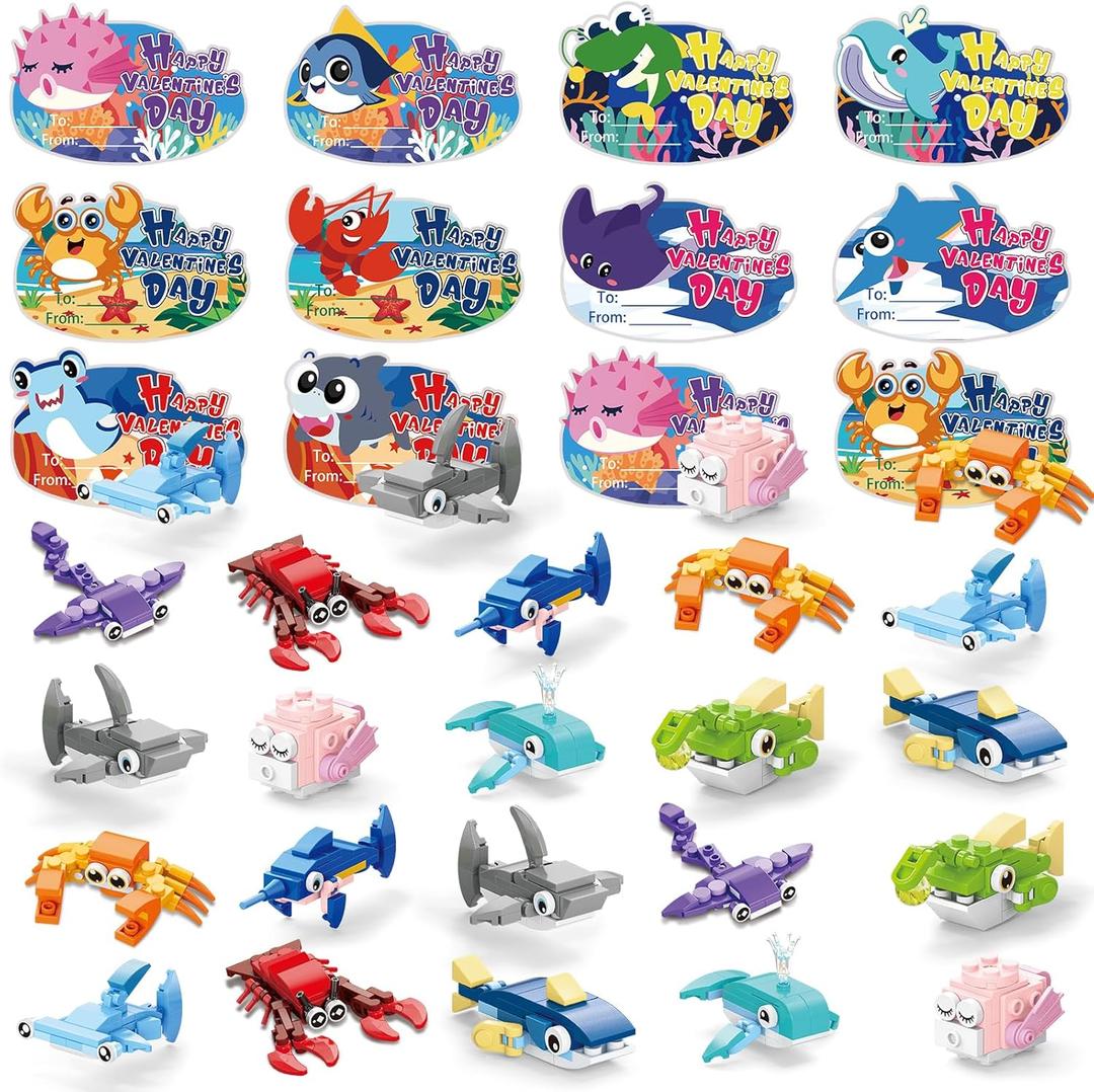 30pcs Valentines Building Blocks, Valentine's Day Gifts Toys for Kids Marine Animals Building Toys with Cards for Boy Girl Classroom School Gifts Exchange Prizes Valentine Party Favors