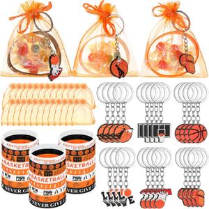 ShinyRelief 72 Pcs Basketball Party Favors Included 24 Basketball Bracelets, Keychains, and Organza Bags for for Sport Team Gifts Birthday Party Decorations