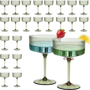 24Pcs Plastic Ribbed Martini Glasses Disposable 10oz Plasitc Champagne Coupe Glasses Detachable Cocktail Glassware Set Unbreakable Dessert Cups for Wedding Birthday Easter Spring Party (Green)