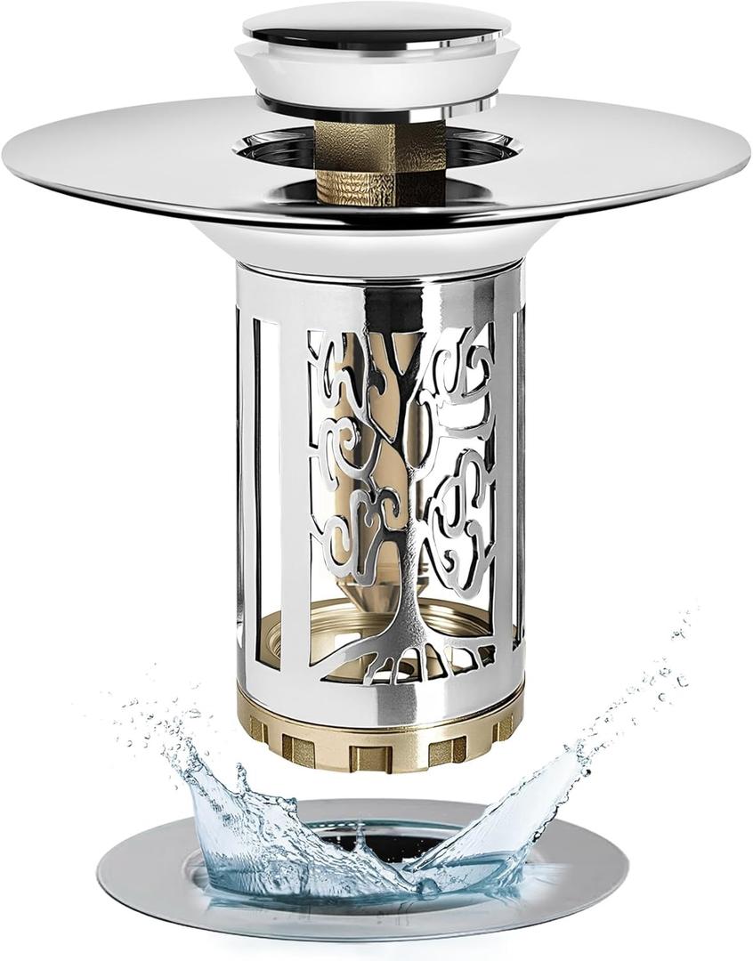 Bathroom Sink Drain Stopper, Bathroom Sink Drain Strainer with Pop Up and Removable Hair Catcher Basket, Universal for 1.06 to 1.6in Sink Drain, Chrome Silver