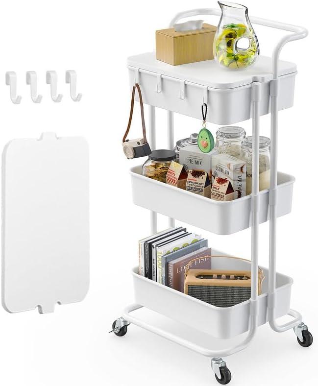 Pipishell 3 Tier Rolling Cart with Table Top, Utility Cart with Wheels & 4 Hooks, Rolling Storage Cart for Home Storage and Organization, White, PIUC09W