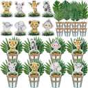 Amyhill 58 Pcs 8 Sets Safari Centerpieces for Tables Jungle Animals Centerpieces Safari Baby Shower Party Decor with Palm Leaves Metal Buckets Jungle Animals Cutouts for Wild One Birthday Party Decor