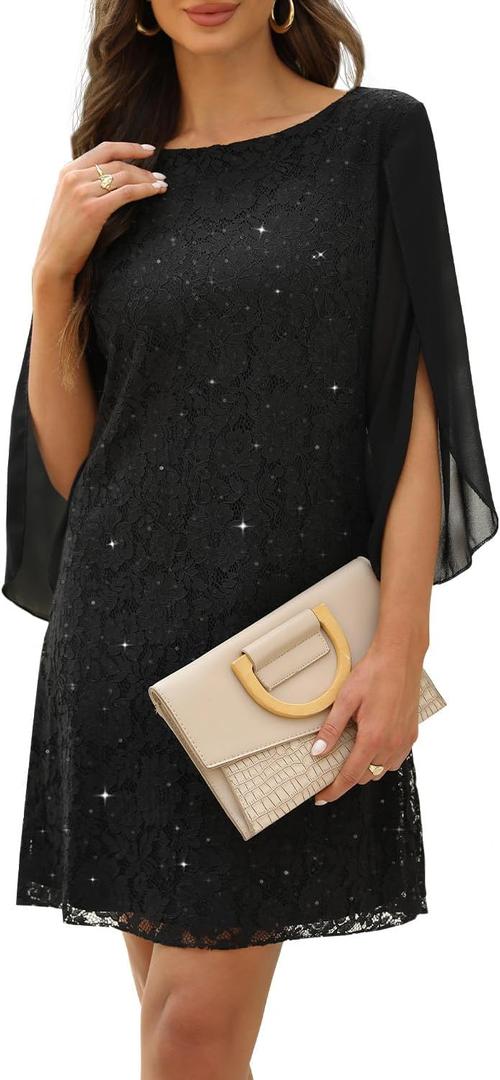 COOAN Wedding Guest Cocktail & Formal Dresses for Women - Lace Sequin Dress (Black, M)