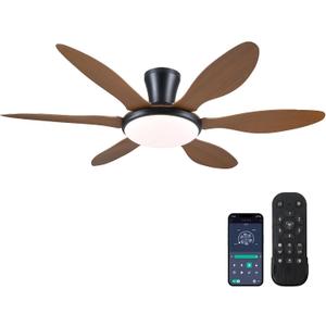Ceiling Fans with Lights, 51 inch Modern Low Profile Ceiling Fan with Light and Remote App Control, Flush Mount, Quiet DC Reversible, Dim Led Ceiling Fan 6 Blade Softer Wind Indoor/Outdoor Patio Brown