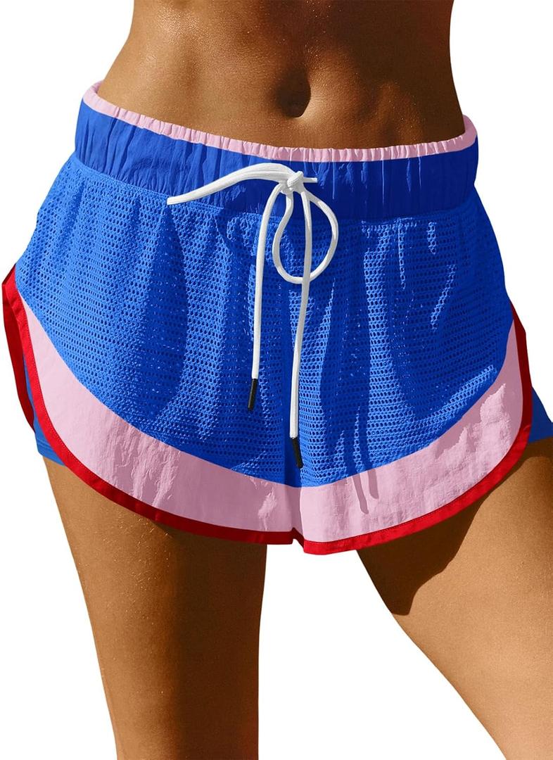 Fisoew Women Athletic Shorts 2 in 1 Running High Split Color Block Workout Yoga Mesh Shorts Pocket Drawstring (Blue, M)